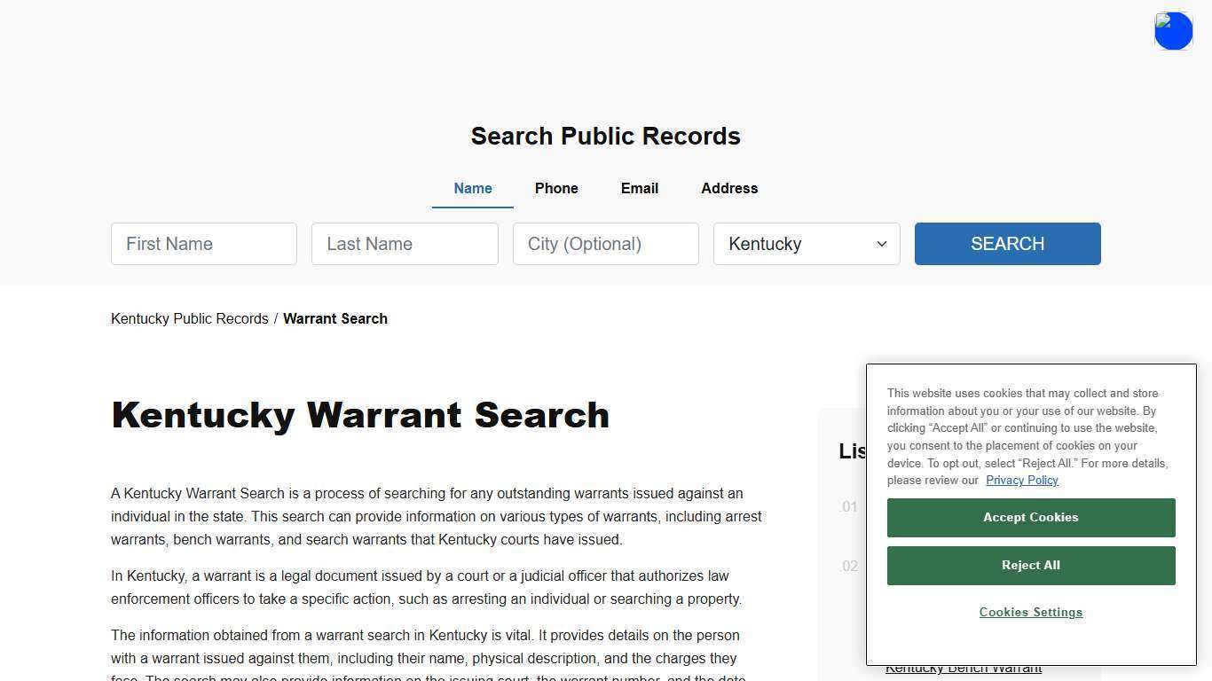 Kentucky Warrant Search and Records